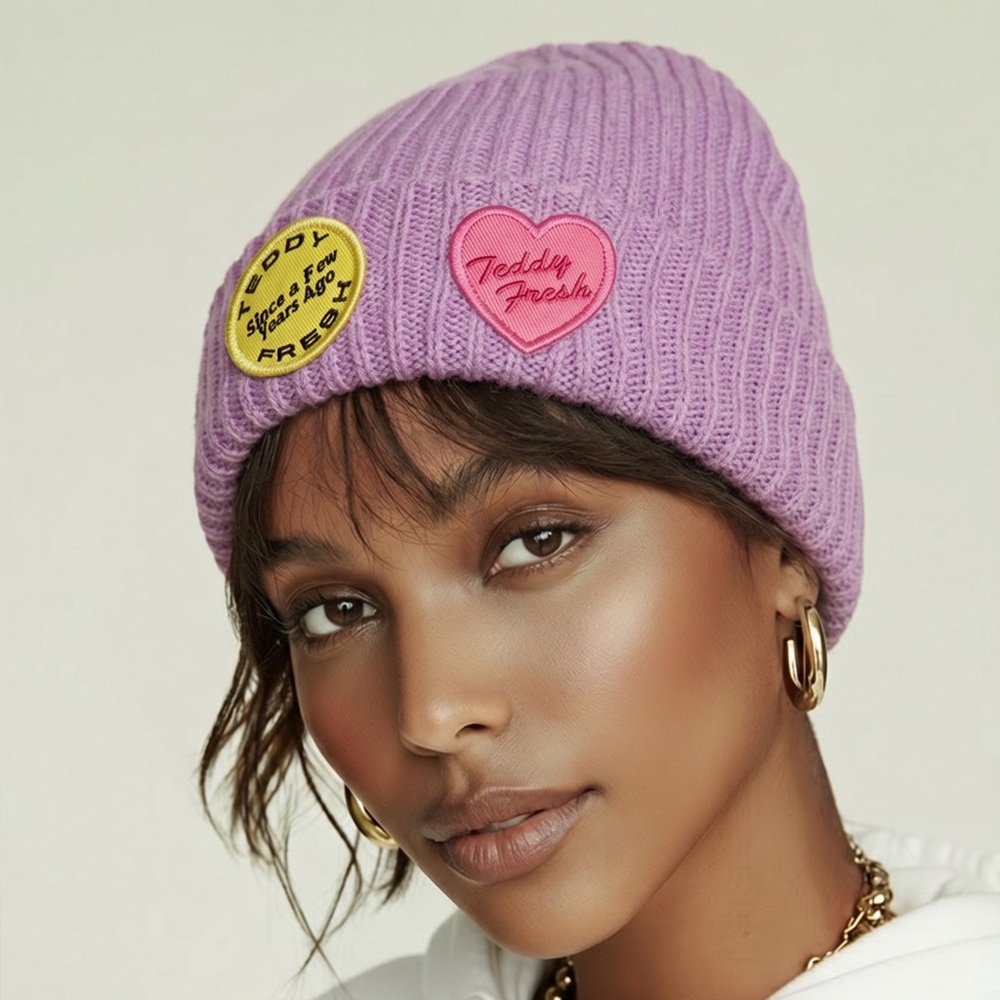 🧢‎ TEDDY FRESH Lavender Knit Beanie 💥 Yellow & Pink Patches
